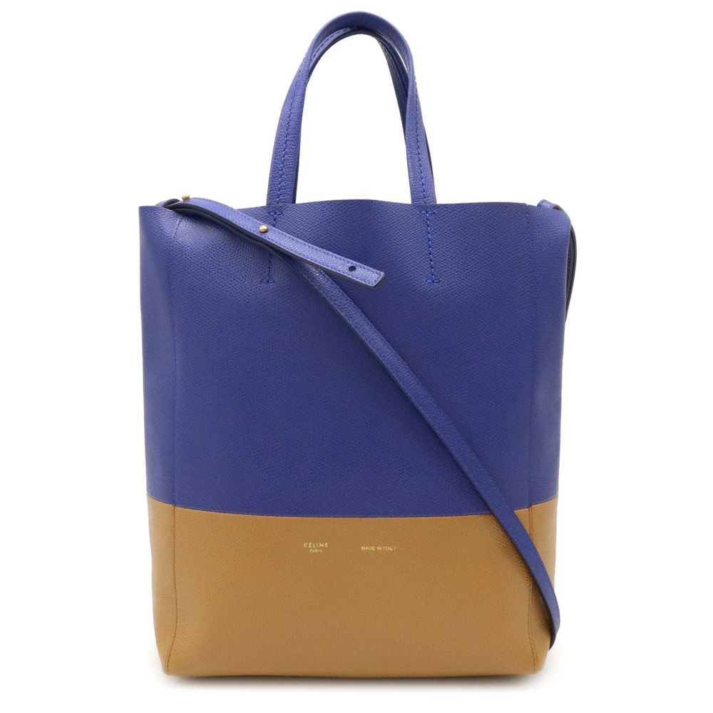 Celine Vertical Cabas Tote Bag Shoulder Leather Bicolor Blue Beige Cream